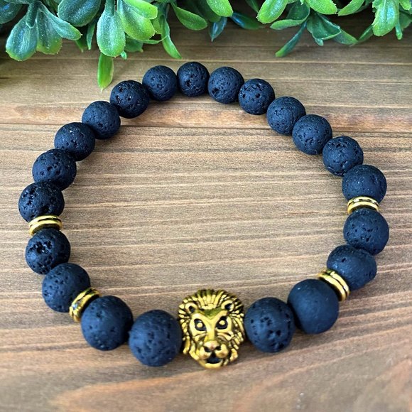 NEW Mens/Womens Gold Lion Lava Rock Bracelet - Picture 6 of 9